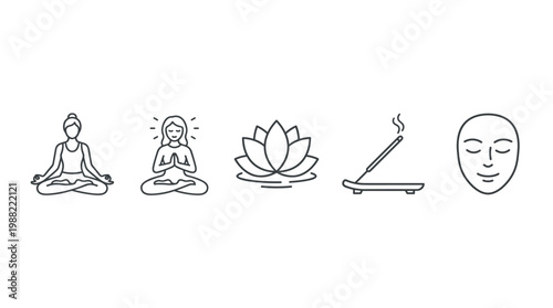 Meditation and wellness icons collection featuring yoga poses, lotus flowers, incense, and serene faces symbolizing spiritual practices and inner peace.