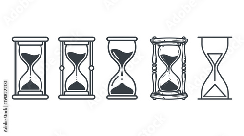 Five different hourglasses and sand timers in various styles, representing the passage of time, deadlines, and measurement concepts in a classic illustration.