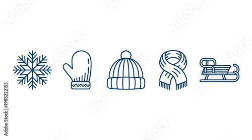 Winter snowflake mitten hat scarf sled icons, a charming set of line art illustrations depicting essential cold weather apparel and activities.