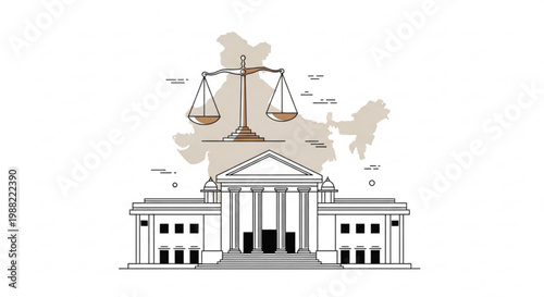 Indian law and justice concept scales of justice and courthouse illustration over map of India vector graphic for legal services