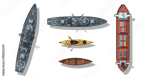 Collection of different boats and kayaks from a top view.