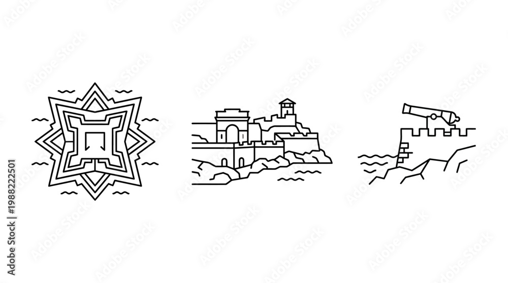 Fototapeta premium Set of Line Art Fortress and Coastal Castle Icons