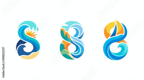 Set of Three Stylized Number Eights with Wave and Summer Themes