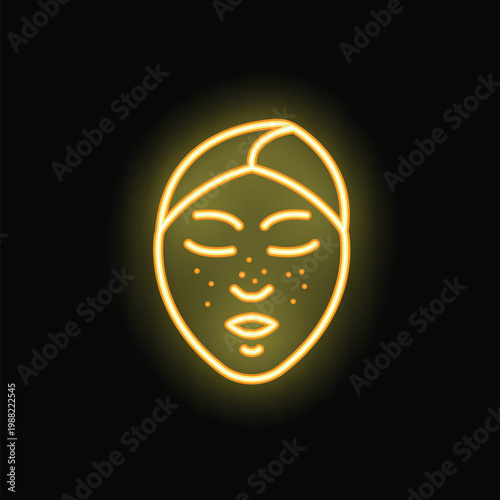Neon sign of a young woman wearing a cosmetic face mask with closed eyes on a black background