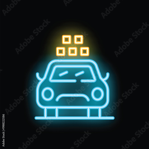 Neon sign of a futuristic driverless car with glowing lights on a dark background