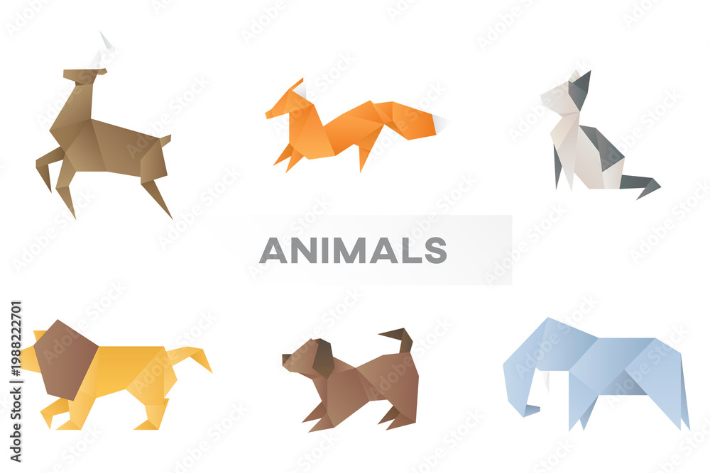 Fototapeta premium Animals paper craft png illustration side view set