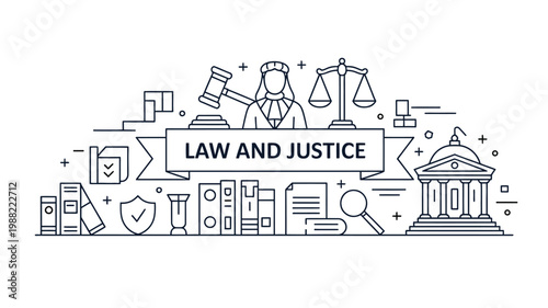 Law and justice concept illustration with legal symbols courthouse scales and documents