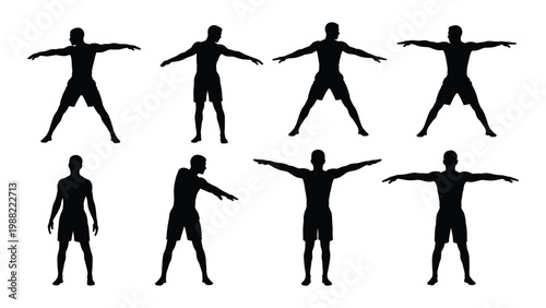 Silhouette figures of men in various dynamic poses showcasing movement and activity