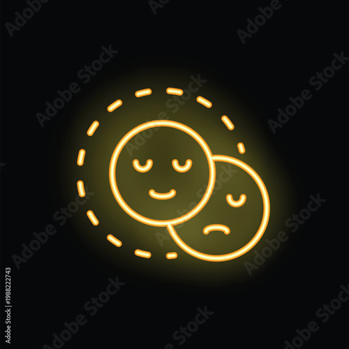 Yellow neon sign showing two faces expressing opposite emotions, representing the concept of duality