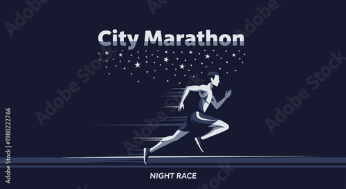Graphic Illustration Depicting a Runner in the City Marathon Night Race with Stars