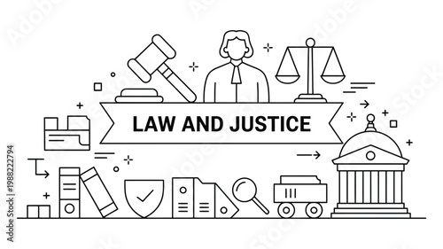 Law and justice concept with legal icons courthouse books scales and gavel line art illustration
