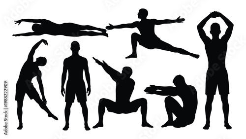 Silhouettes of people in various dynamic poses showcasing movement and physical activity