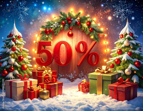 Festive holiday scene with a central wooden door displaying a 50% discount amidst snowy trees and colorful gift boxes