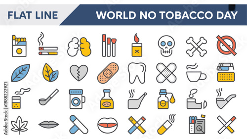 Flat line icons set for world no tobacco day with health and anti smoking symbols