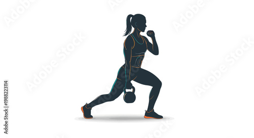 Silhouette of a fit woman doing kettlebell lunges.
