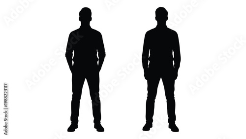 Two identical silhouettes of men standing with hands in pockets against a white background