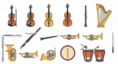Collection of classical orchestra musical instruments vector illustration set