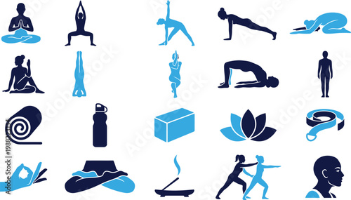 People performing various yoga poses and mindfulness exercises for wellbeing.