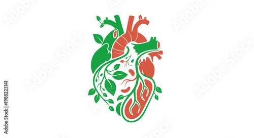 Stylized human heart with green leaves symbolizing natural health and wellness