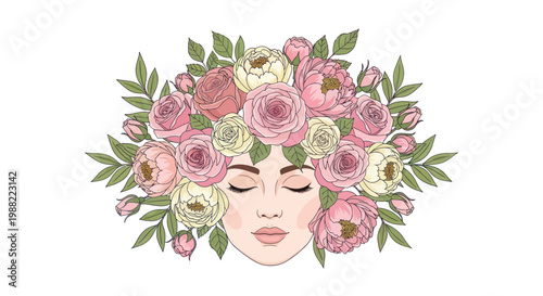 Beautiful illustration of a woman face with a large crown of pink and white peonies and roses.
