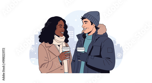 Happy diverse couple in winter clothes drinking coffee in a snowy city landscape