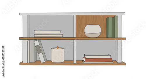 Modern wooden bookshelf with books and a scented candle illustration.