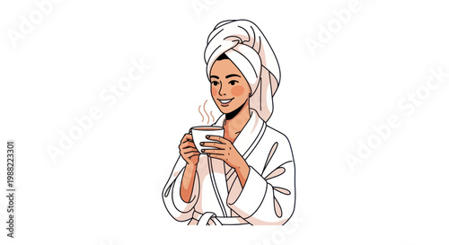 Young woman in a white bathrobe and head towel drinking morning coffee