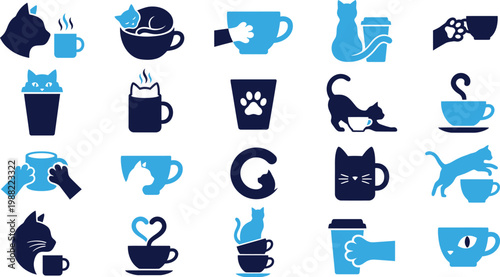 Variety of blue cat icons with coffee and tea cups on white background.
