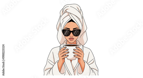 Stylish woman in white bathrobe and sunglasses drinking morning coffee