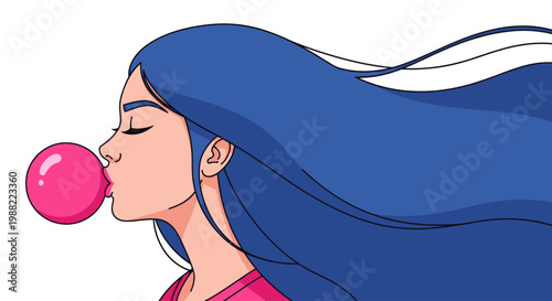 Young anime girl blowing pink bubble gum with flowing blue hair.