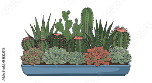 A colorful arrangement of various succulents and cacti in a blue planter.
