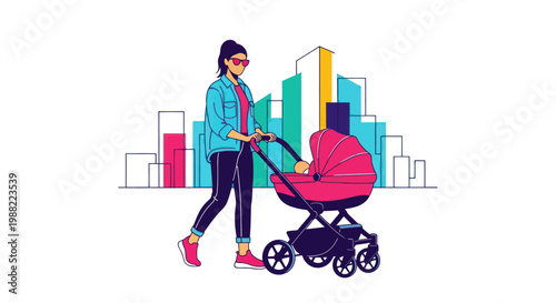 Mother pushing a stroller in a modern city