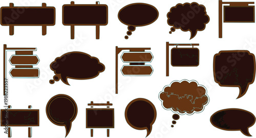  described features a collection of eleven silhouettes that represent various types of signs and speech bubbles. These silhouettes are primarily in a solid dark brown color, which gives them a uniform
