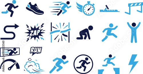Blue running and speed icons on white background.