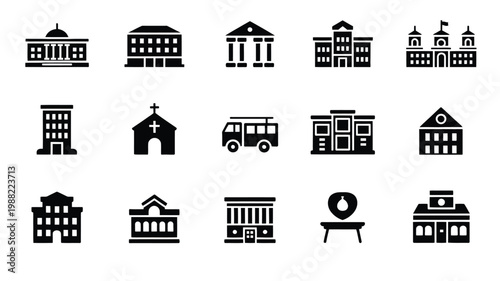 Building icons set with architecture landmarks and city infrastructure symbols