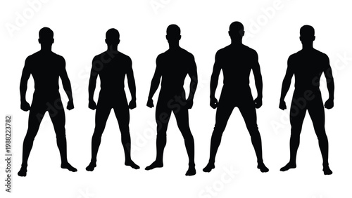Five male silhouettes stand in a row showcasing varying body types and postures