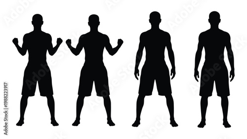 Four silhouetted figures with arms raised displaying varying postures and stances