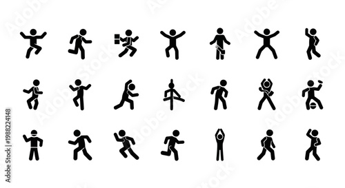 Graphic Set of Action Icons Depicting Individuals in Diverse Activities and Postures