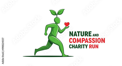 Green Figure Running with a Heart to Promote Nature and Compassion Charity Event