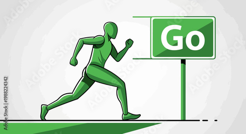 Green Figure Sprinting Towards a Sign With the Word 'Go' Depicted Clearly
