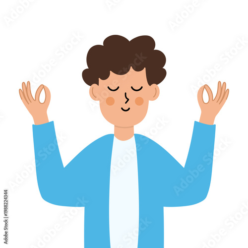 Relaxed man practicing meditation isolated on white background. Mindfulness and yoga relaxation concept. Vector illustration