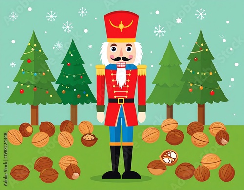 Festive illustration featuring a toy soldier standing among trees and scattered nuts. Snowflakes fall in a cheerful, winter scene