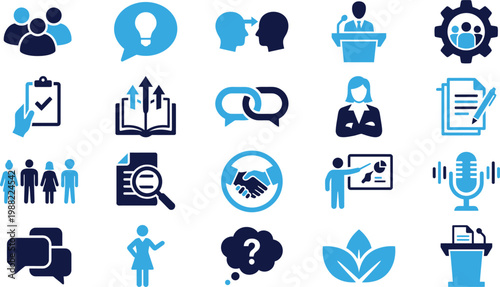 Business meeting and communication icon set for corporate strategy and teamwork.
