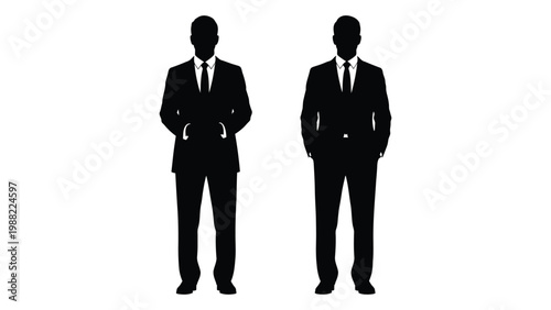 Silhouettes of two businessmen in suits viewed from the front with hands clasped