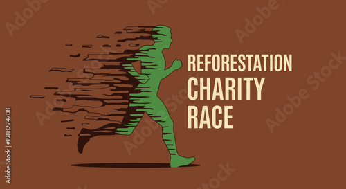 Green Silhouette Runner in Reforestation Charity Race with Earthy Tones and Dynamic Visual