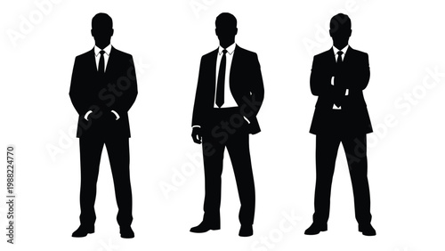Three silhouetted businessmen stand confidently with arms crossed representing power and leadership