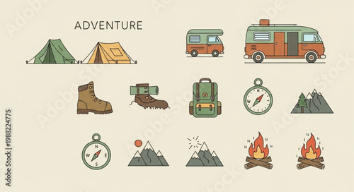 Adventure Camping and Hiking Gear Icons Set.