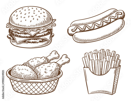 Hand-Drawn of Classic Fast Food Favorites: Burger, Hot Dog, Fries, and Fried Chicken
