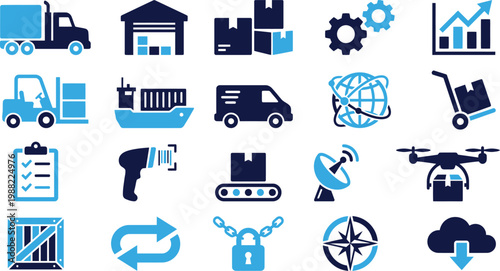 Logistics and delivery icons set transport shipping warehousing and tracking symbols.