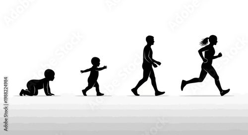 Human Development Stages: Journey From Infancy To Running With Progressive Silhouette Transitions